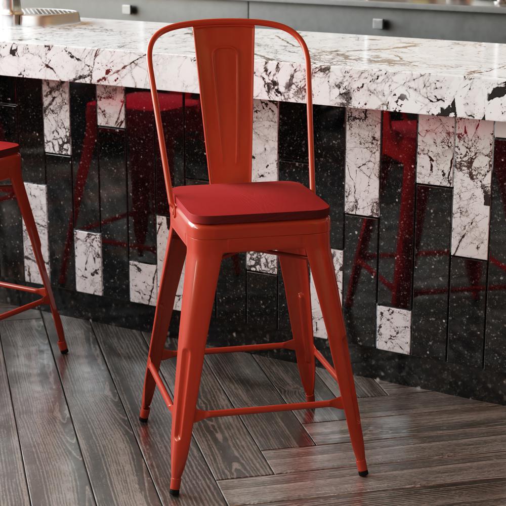 24" High Red Metal Indoor-Counter Height Stool with Removable Back. Picture 8