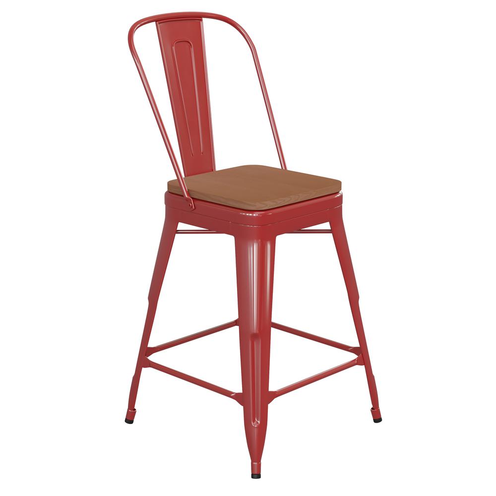 24" High Red Metal Indoor-Counter Height Stool with Removable Back. Picture 2