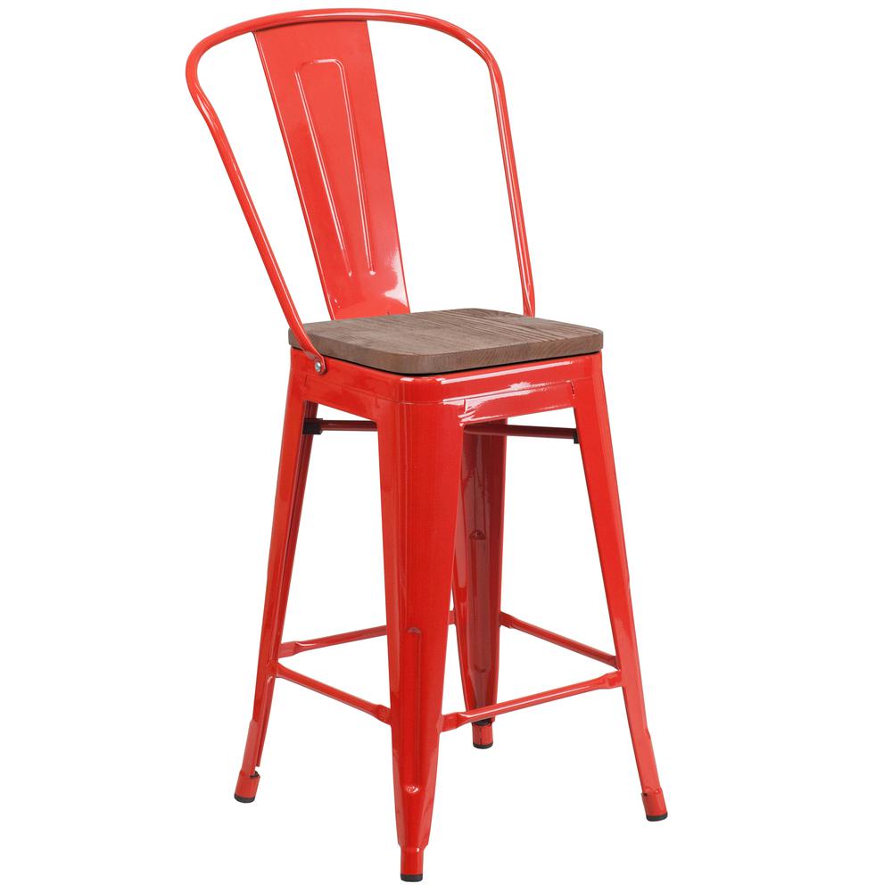 24" High Red Metal Counter Height Stool with Back and Wood Seat. Picture 1