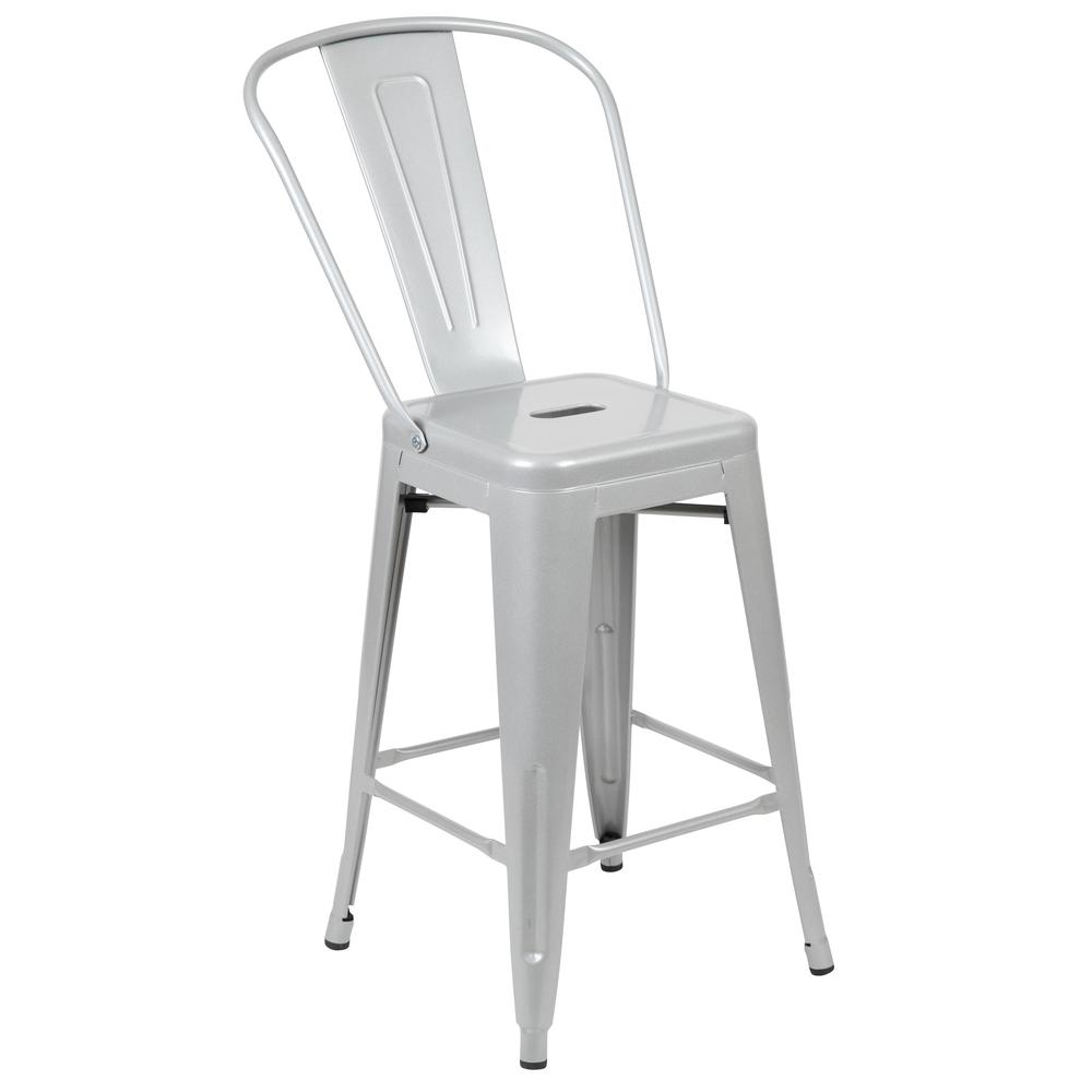 Commercial Grade 24" High Silver Metal Indoor-Outdoor Counter Height Stool with Removable Back. The main picture.