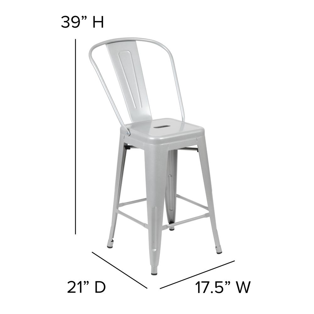 Commercial Grade 24" High Silver Metal Indoor-Outdoor Counter Height Stool with Removable Back. Picture 2