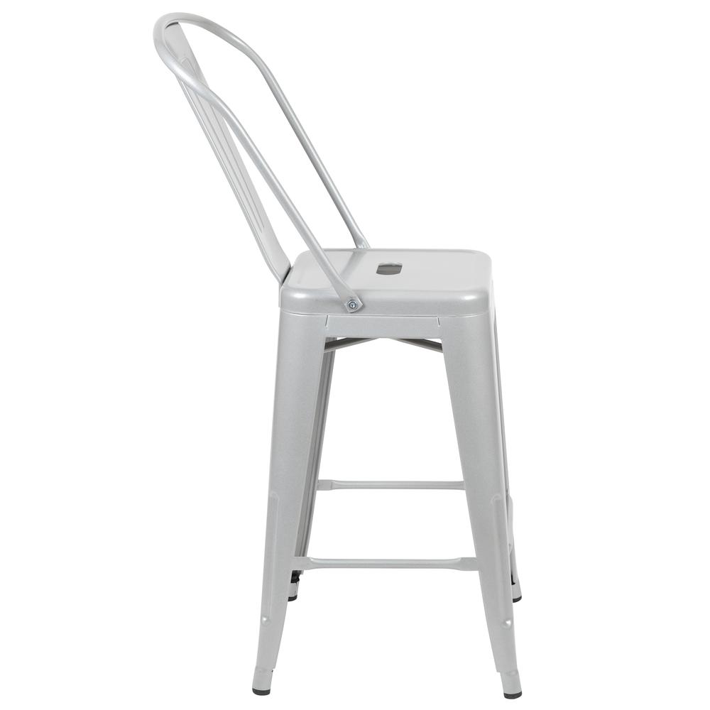 Commercial Grade 24" High Silver Metal Indoor-Outdoor Counter Height Stool with Removable Back. Picture 3
