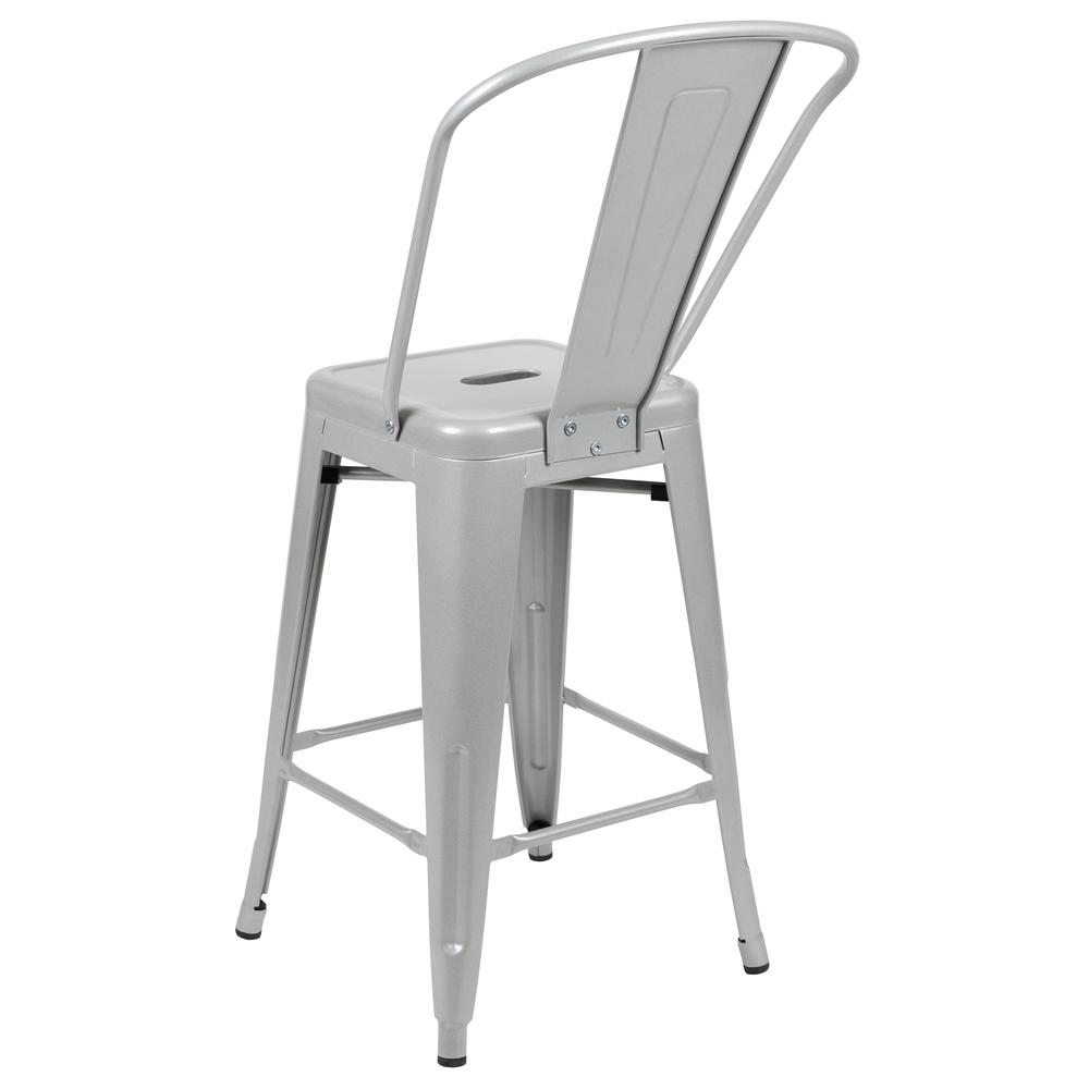 Commercial Grade 24" High Silver Metal Indoor-Outdoor Counter Height Stool with Removable Back. Picture 4