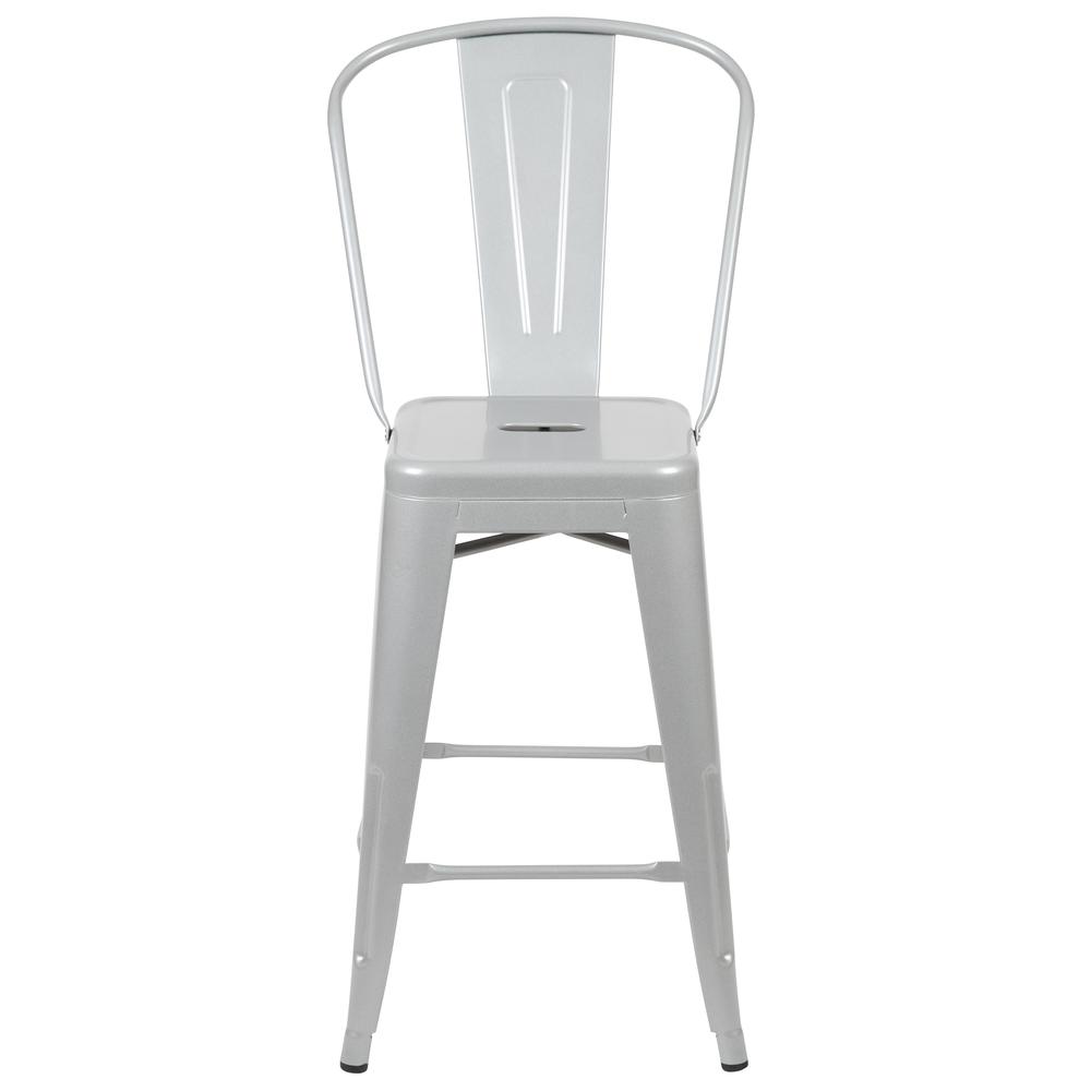 Commercial Grade 24" High Silver Metal Indoor-Outdoor Counter Height Stool with Removable Back. Picture 5