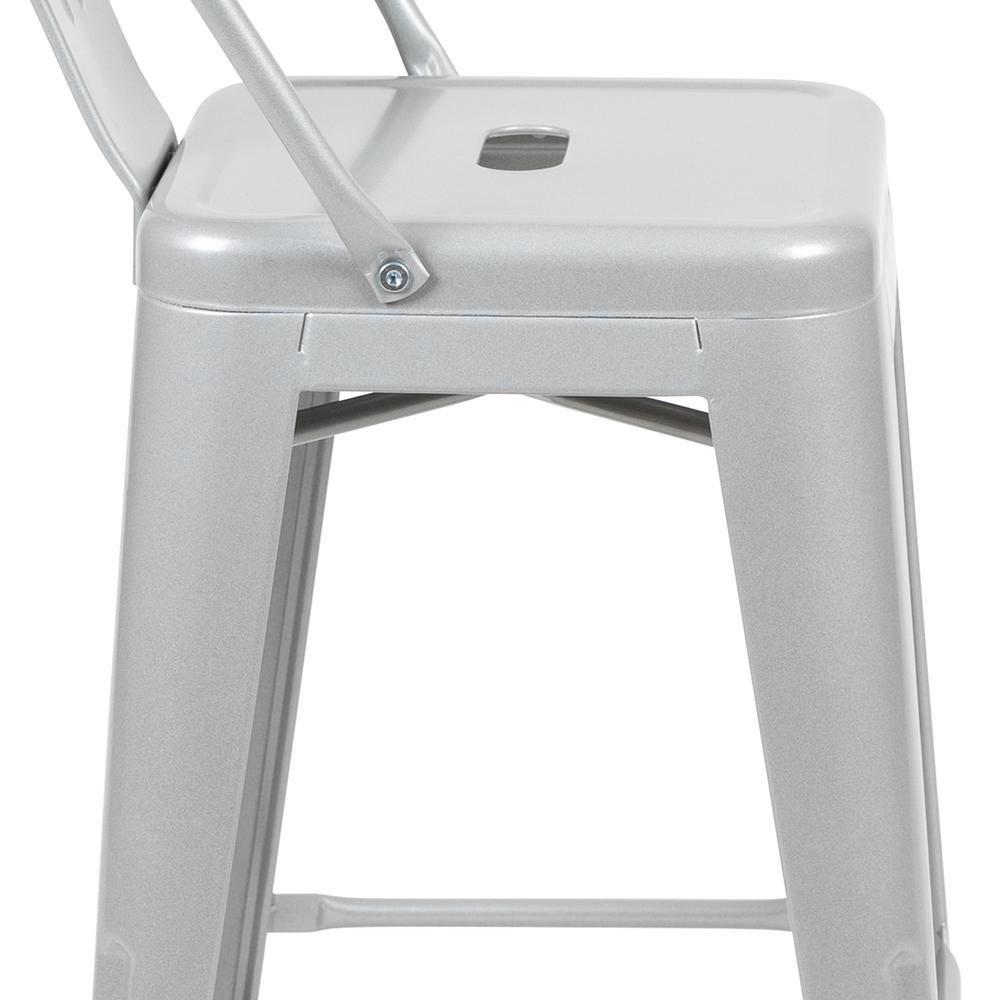 Commercial Grade 24" High Silver Metal Indoor-Outdoor Counter Height Stool with Removable Back. Picture 7