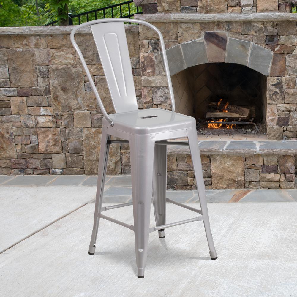 Commercial Grade 24" High Silver Metal Indoor-Outdoor Counter Height Stool with Removable Back. Picture 11