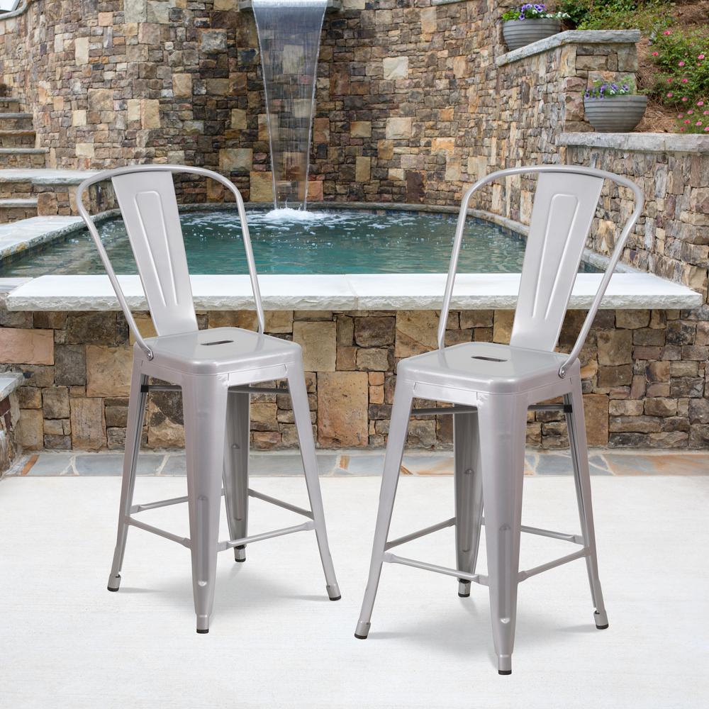 Commercial Grade 24" High Silver Metal Indoor-Outdoor Counter Height Stool with Removable Back. Picture 12