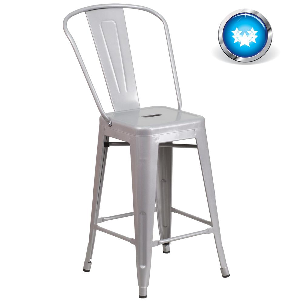 Commercial Grade 24" High Silver Metal Indoor-Outdoor Counter Height Stool with Removable Back. Picture 13