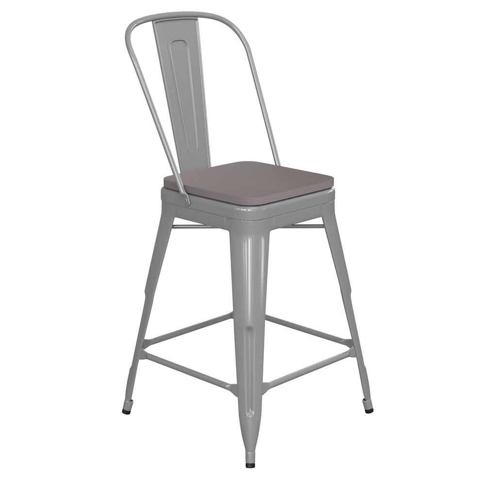 24" High Silver Metal Indoor-Counter Height Stool with Removable Back. Picture 2