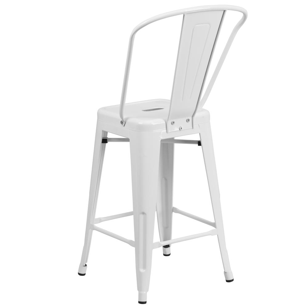 Commercial Grade 24" High White Metal Indoor-Outdoor Counter Height Stool with Removable Back. Picture 4