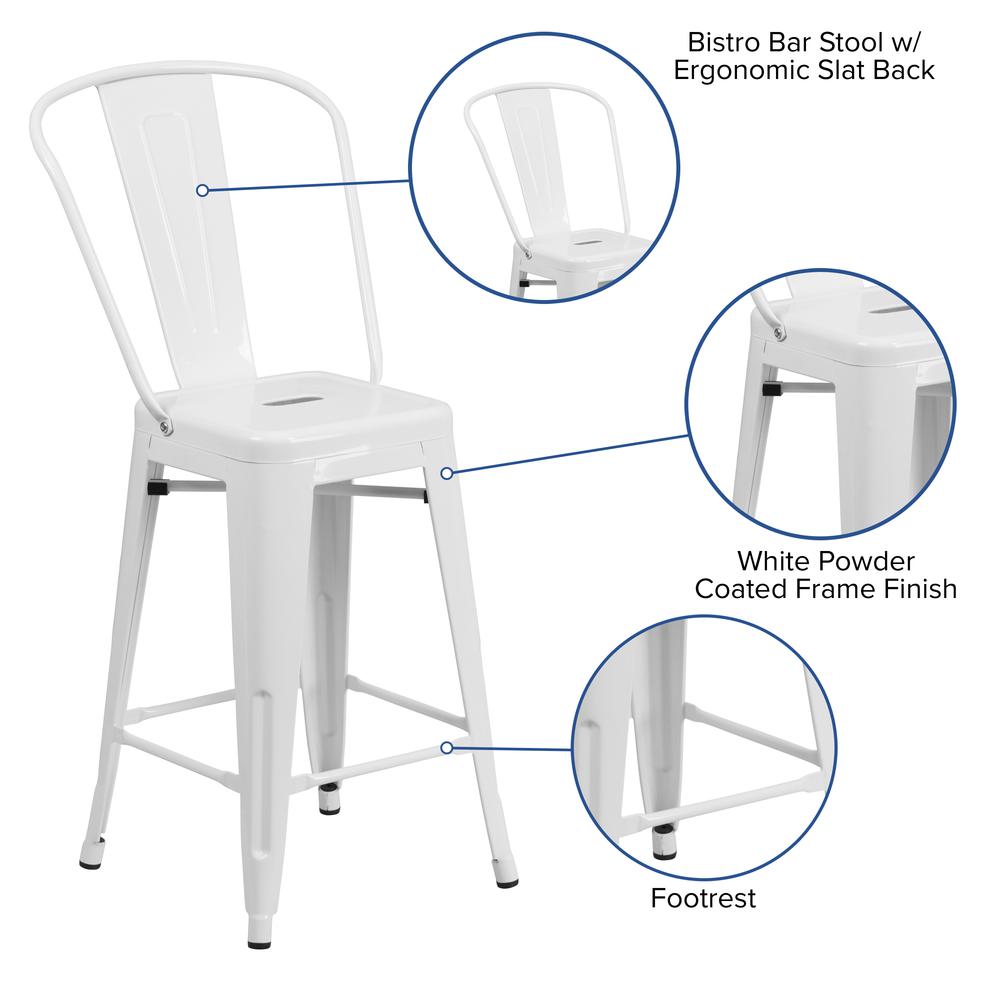 Commercial Grade 24" High White Metal Indoor-Outdoor Counter Height Stool with Removable Back. Picture 6