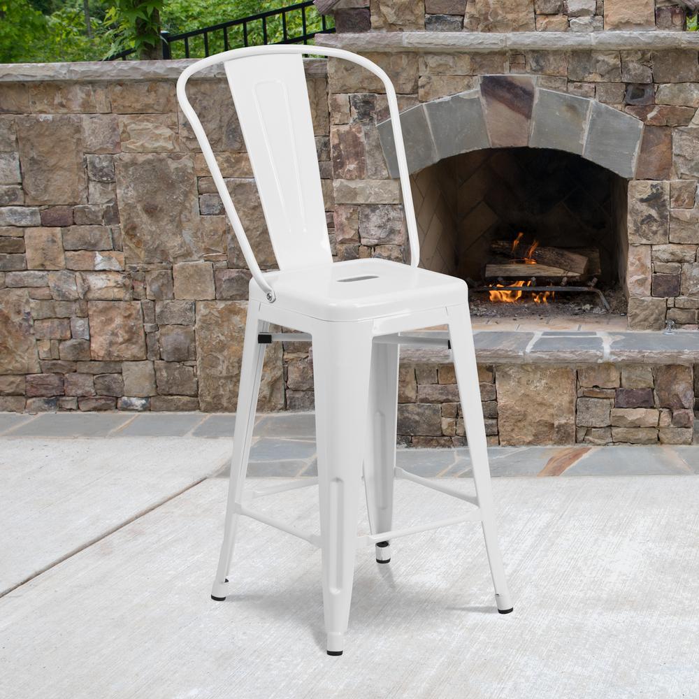 Commercial Grade 24" High White Metal Indoor-Outdoor Counter Height Stool with Removable Back. Picture 9