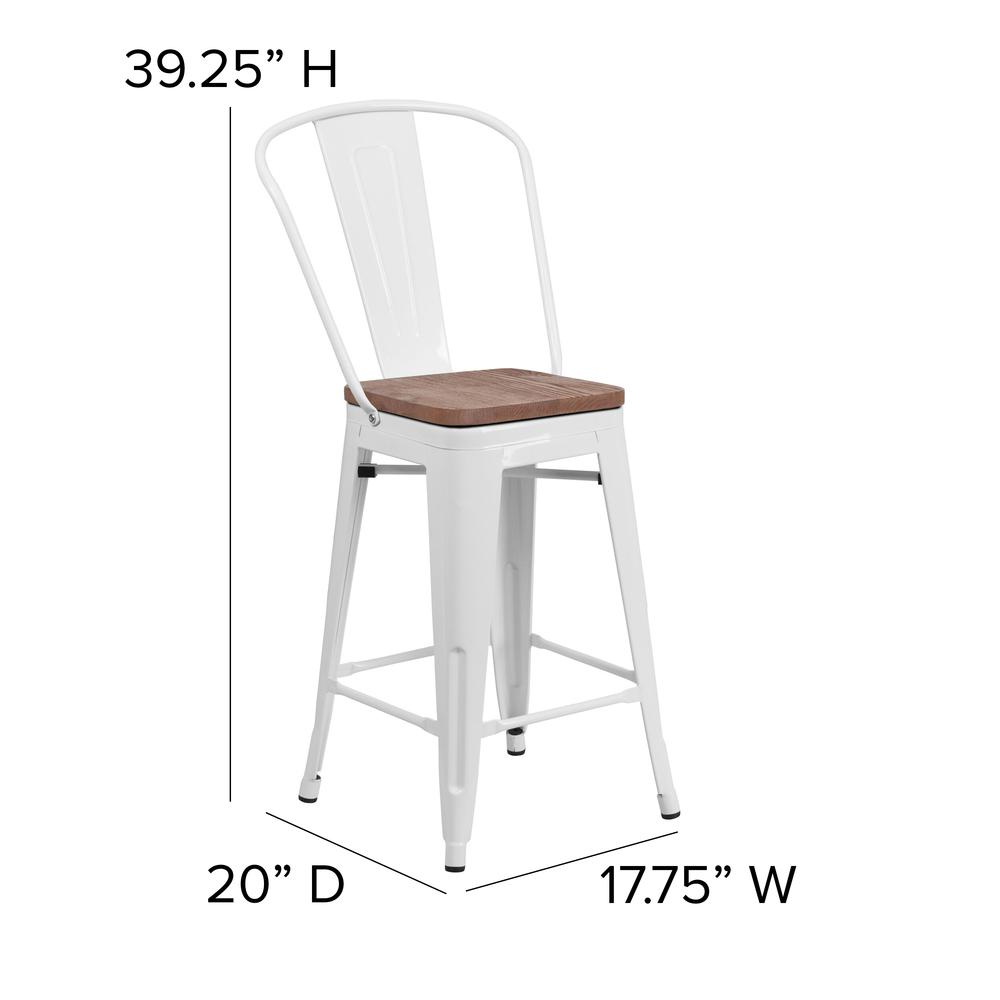 24" High White Metal Counter Height Stool with Back and Wood Seat. Picture 2
