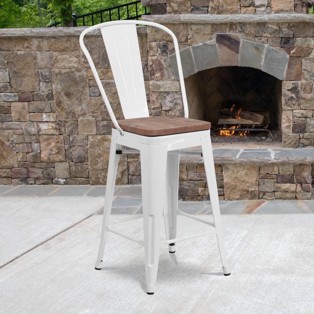 24" High White Metal Counter Height Stool with Back and Wood Seat. Picture 6