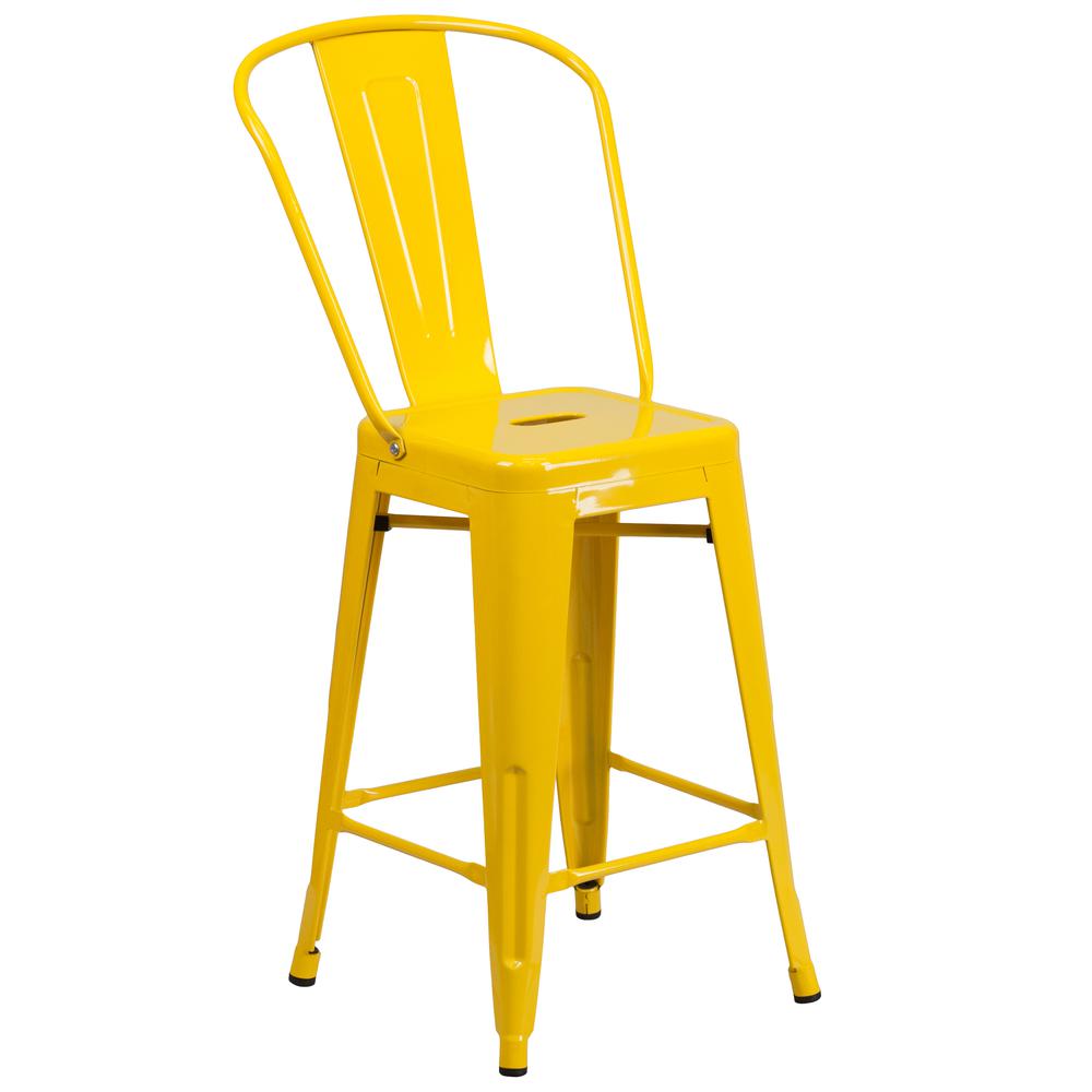 Commercial Grade 24" High Yellow Metal Indoor-Outdoor Counter Height Stool with Removable Back. The main picture.