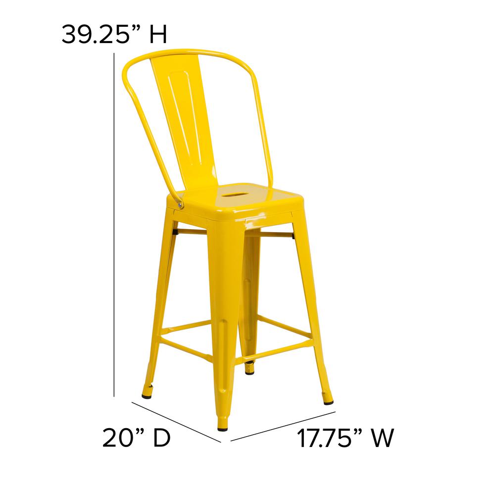 Commercial Grade 24" High Yellow Metal Indoor-Outdoor Counter Height Stool with Removable Back. Picture 2