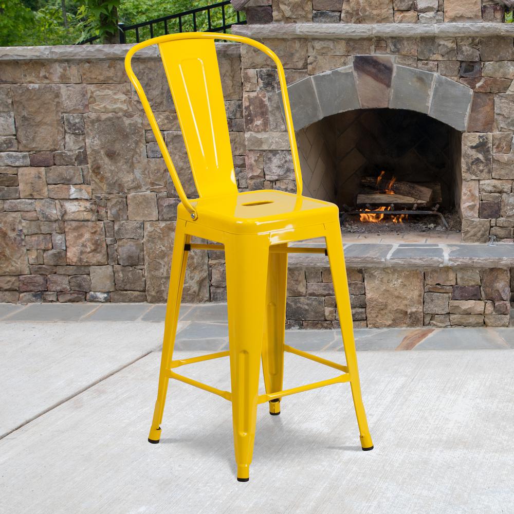 Commercial Grade 24" High Yellow Metal Indoor-Outdoor Counter Height Stool with Removable Back. Picture 6