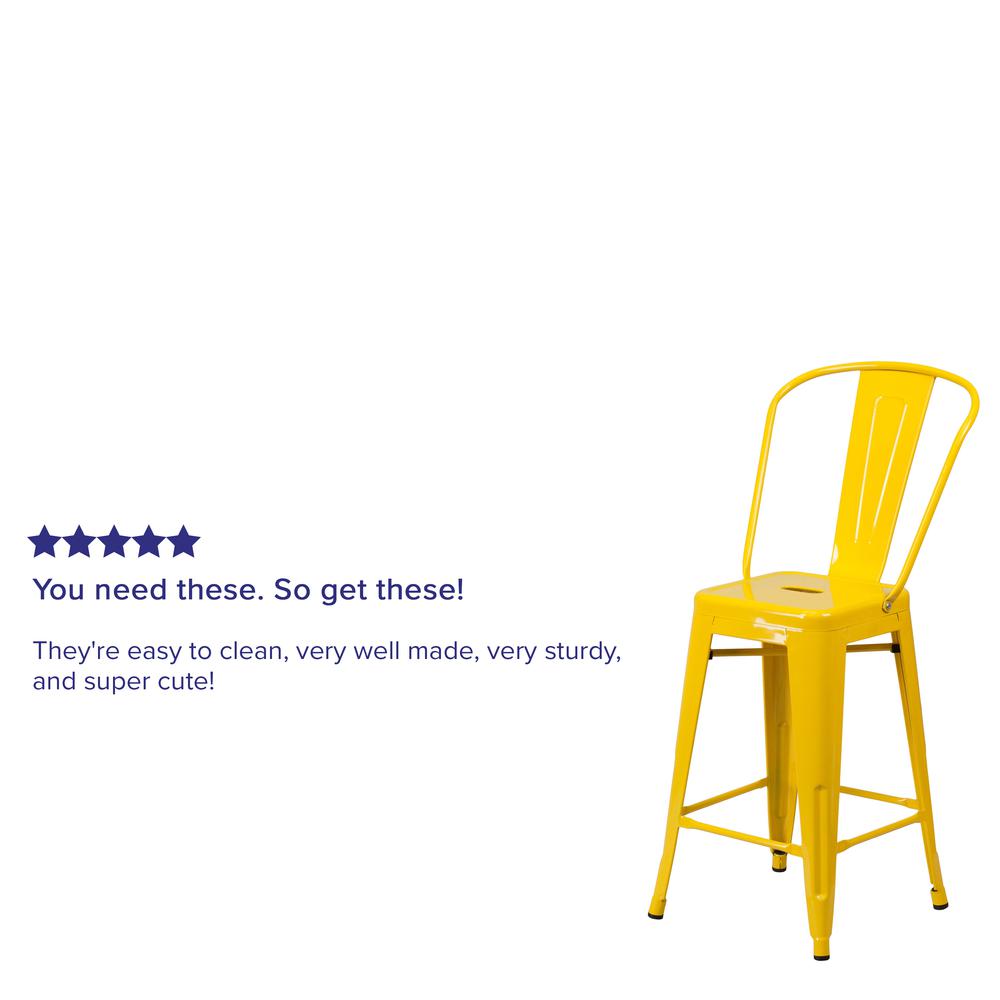 Commercial Grade 24" High Yellow Metal Indoor-Outdoor Counter Height Stool with Removable Back. Picture 7
