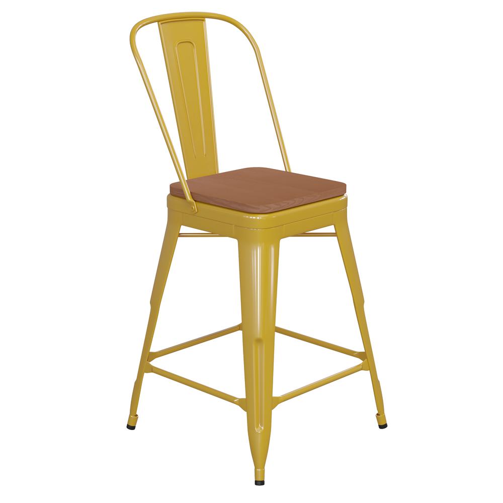 24" High Yellow Metal Indoor-Counter Height Stool with Removable Back. Picture 2