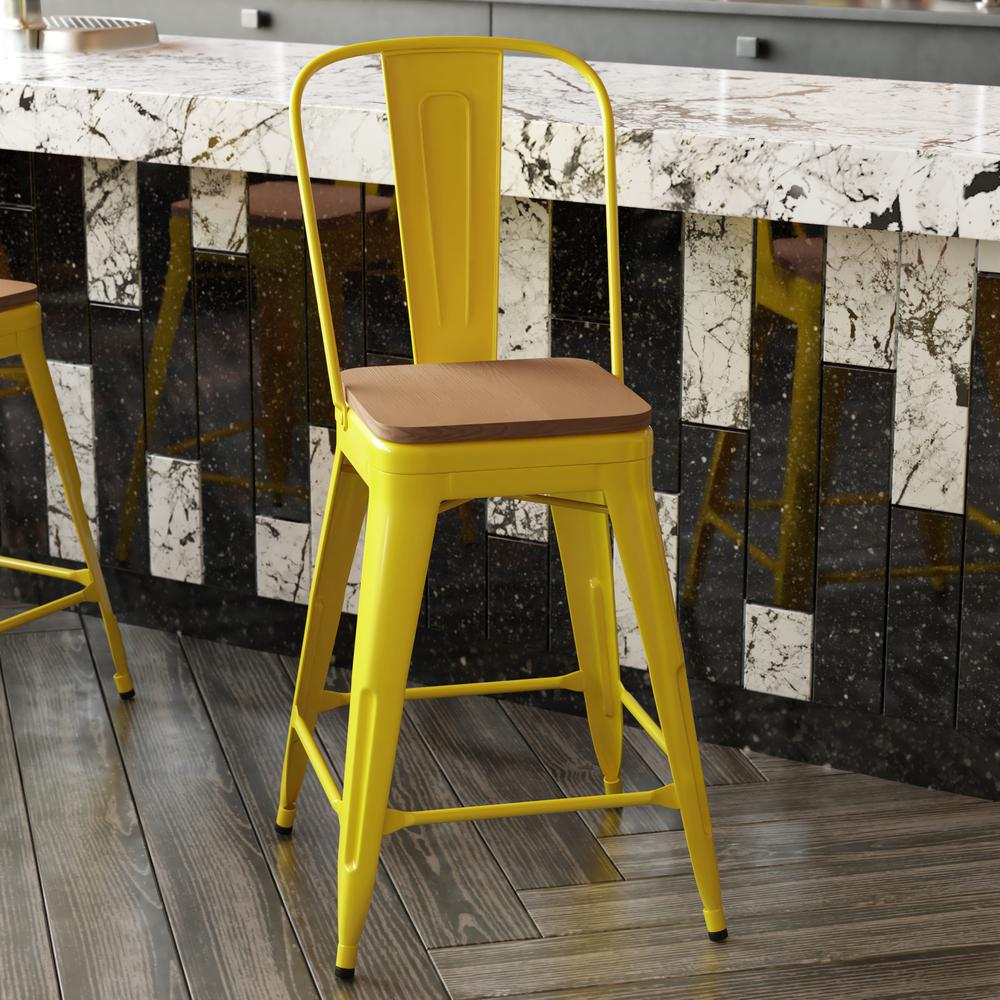 24" High Yellow Metal Indoor-Counter Height Stool with Removable Back. Picture 8