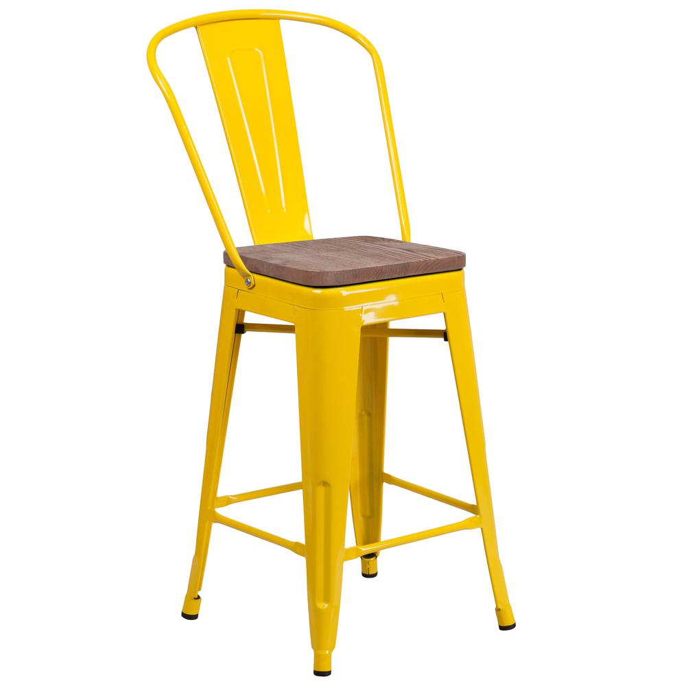 24" High Yellow Metal Counter Height Stool with Back and Wood Seat. Picture 1