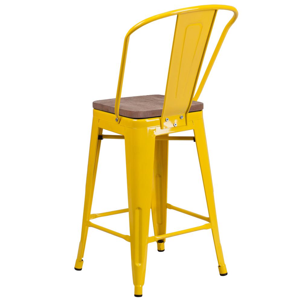 24" High Yellow Metal Counter Height Stool with Back and Wood Seat. Picture 3