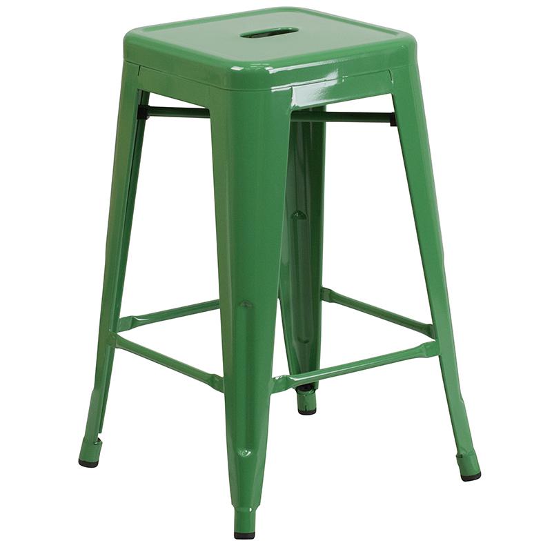 Commercial Grade 24" High Backless Green Metal Indoor-Outdoor Counter Height Stool with Square Seat. Picture 2