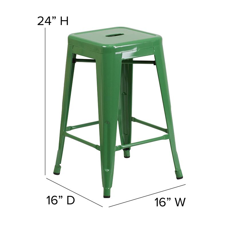 Commercial Grade 24" High Backless Green Metal Indoor-Outdoor Counter Height Stool with Square Seat. Picture 6