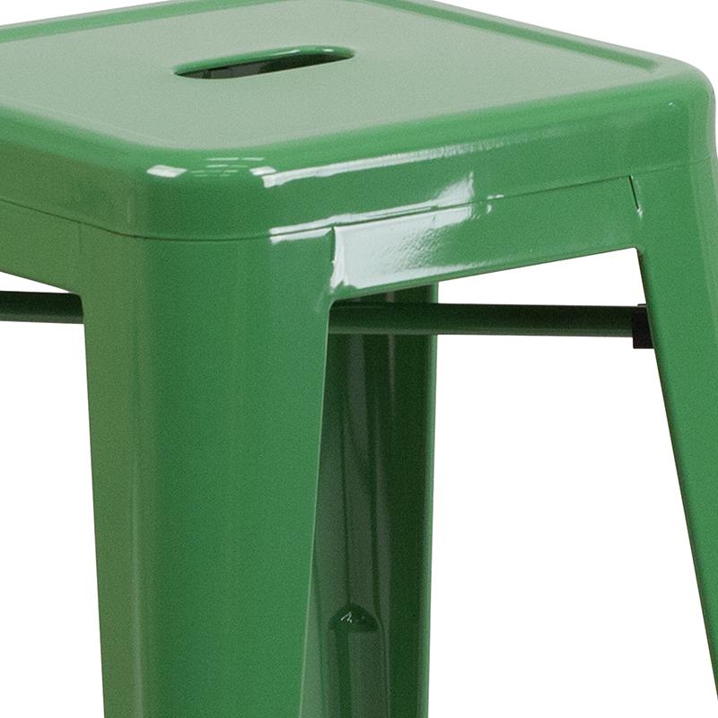 Commercial Grade 24" High Backless Green Metal Indoor-Outdoor Counter Height Stool with Square Seat. Picture 11