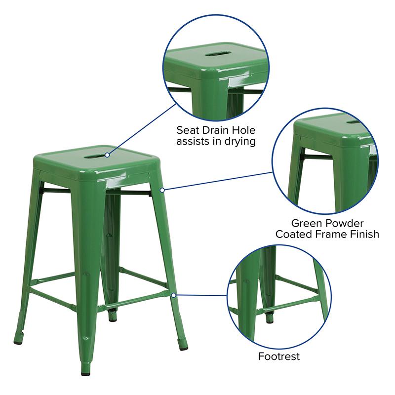 Commercial Grade 24" High Backless Green Metal Indoor-Outdoor Counter Height Stool with Square Seat. Picture 5