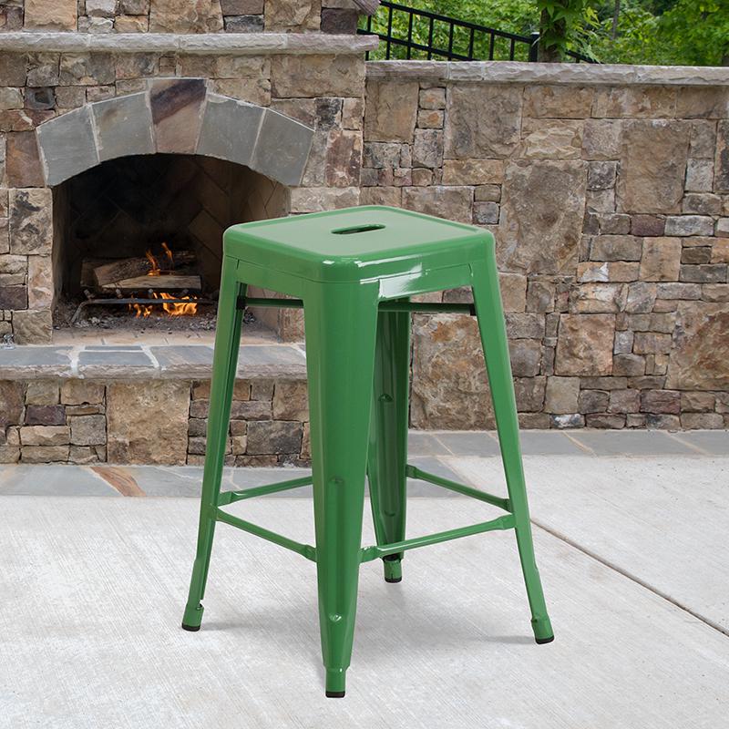 Commercial Grade 24" High Backless Green Metal Indoor-Outdoor Counter Height Stool with Square Seat. Picture 1