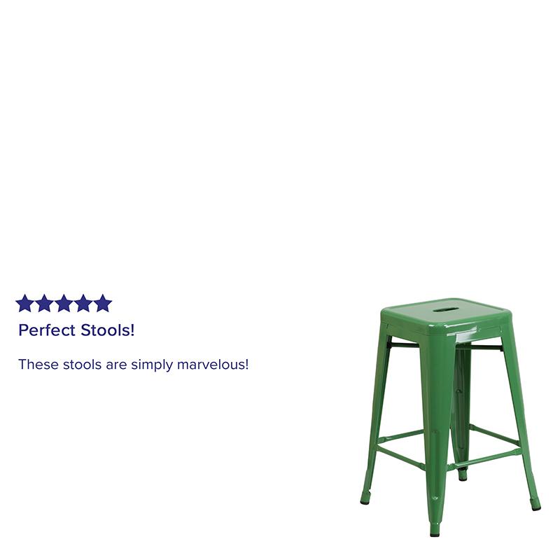 Commercial Grade 24" High Backless Green Metal Indoor-Outdoor Counter Height Stool with Square Seat. Picture 4