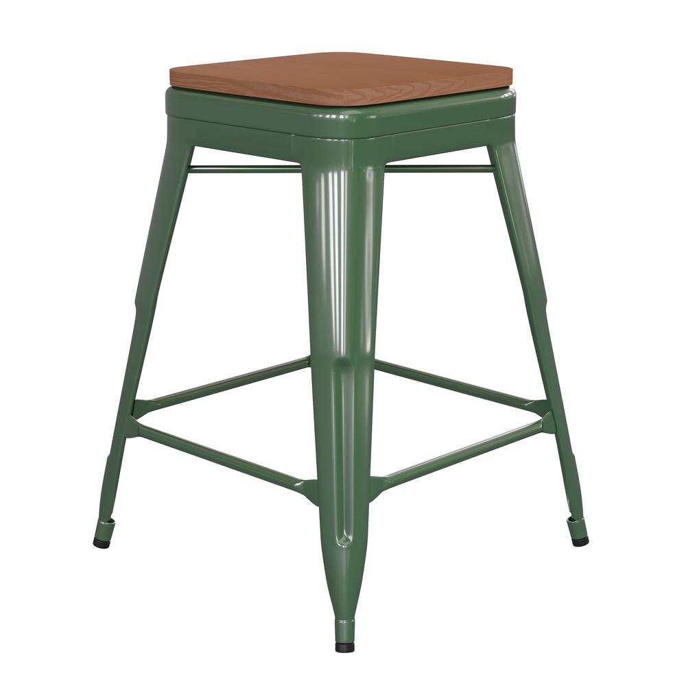 24" High Green Metal Indoor-Counter Height Stool with Teak Poly Resin Wood Seat. Picture 2