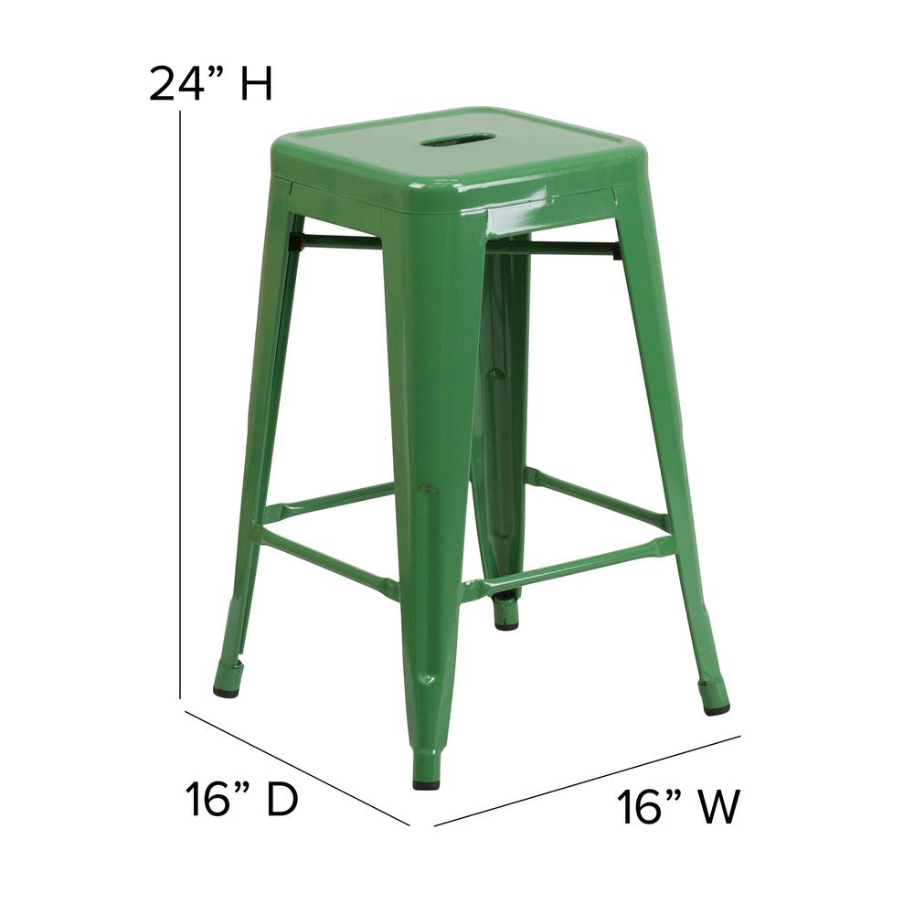 24" High Green Metal Indoor-Counter Height Stool with Teak Poly Resin Wood Seat. Picture 5