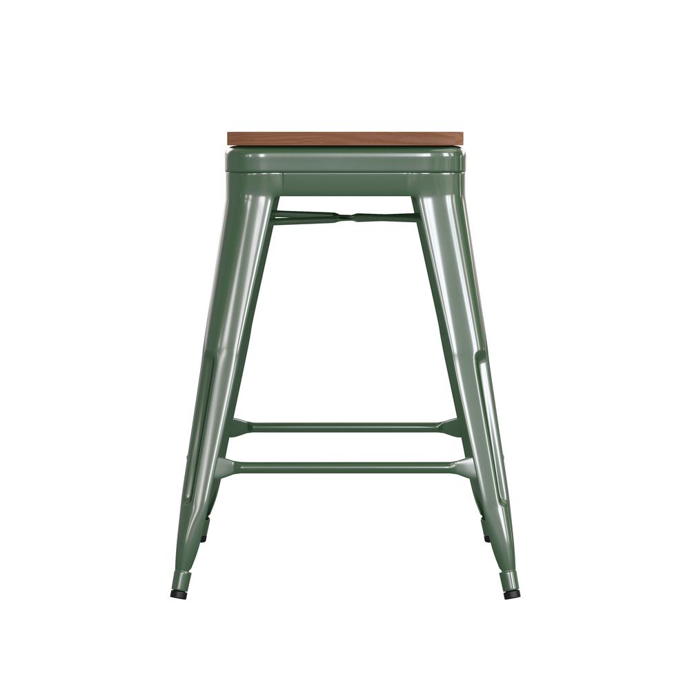 24" High Green Metal Indoor-Counter Height Stool with Teak Poly Resin Wood Seat. Picture 10