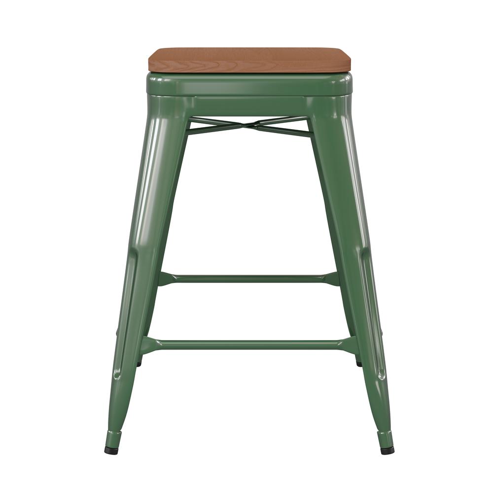 24" High Green Metal Indoor-Counter Height Stool with Teak Poly Resin Wood Seat. Picture 9