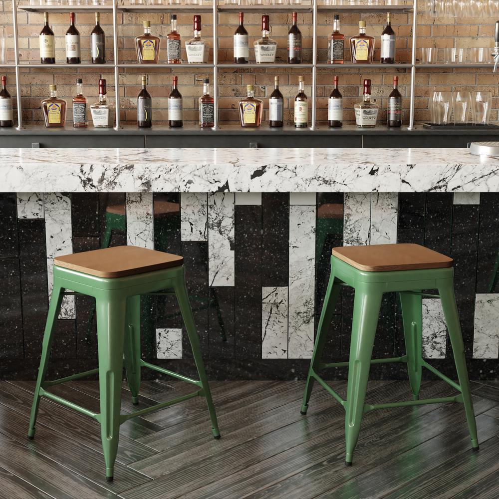 24" High Green Metal Indoor-Counter Height Stool with Teak Poly Resin Wood Seat. Picture 7