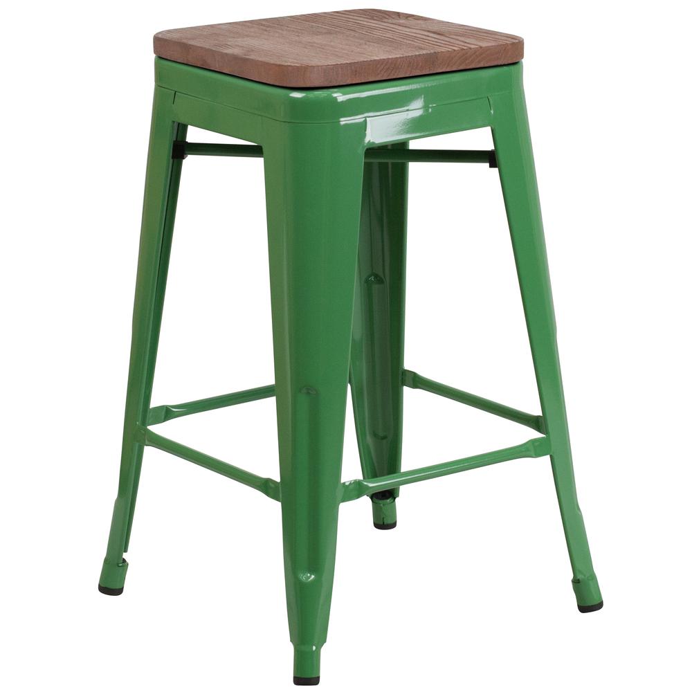 24" High Backless Green Metal Counter Height Stool with Square Wood Seat. Picture 1