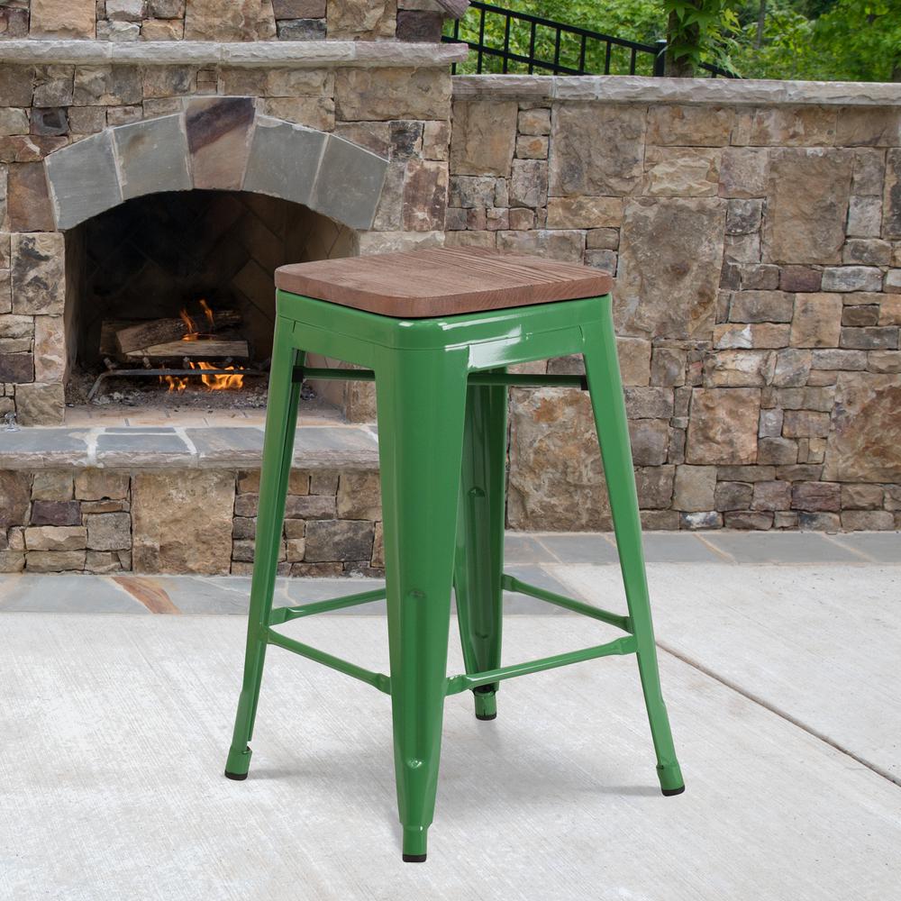 24" High Backless Green Metal Counter Height Stool with Square Wood Seat. Picture 5