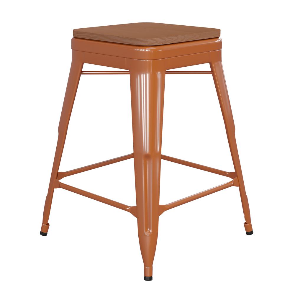 24" High Orange Metal Indoor-Counter Height Stool with Teak Poly Resin Wood Seat. Picture 2