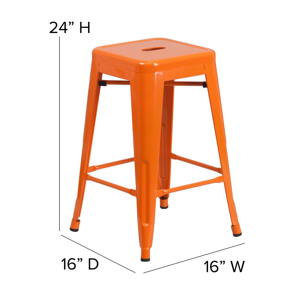 24" High Orange Metal Indoor-Counter Height Stool with Teak Poly Resin Wood Seat. Picture 5