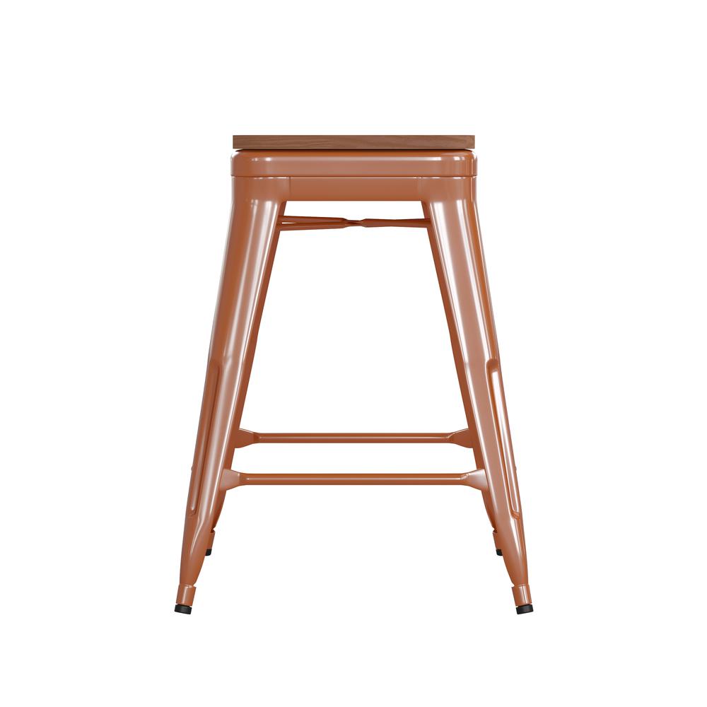 24" High Orange Metal Indoor-Counter Height Stool with Teak Poly Resin Wood Seat. Picture 10