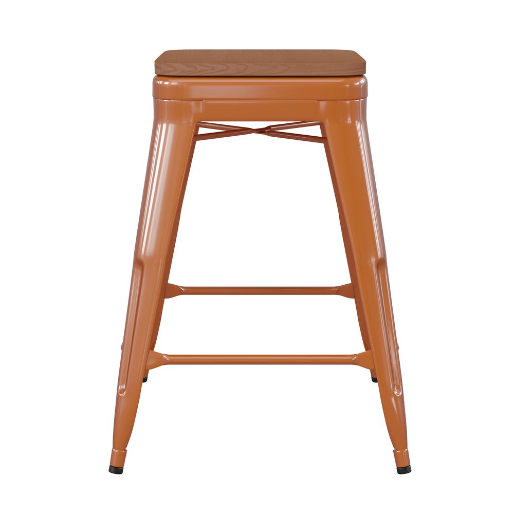 24" High Orange Metal Indoor-Counter Height Stool with Teak Poly Resin Wood Seat. Picture 9