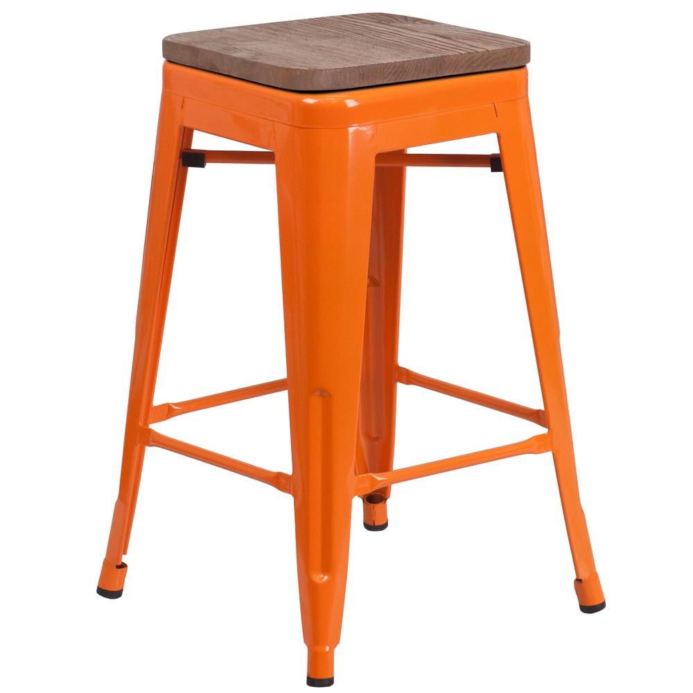 24" High Backless Orange Metal Counter Height Stool with Square Wood Seat. Picture 1