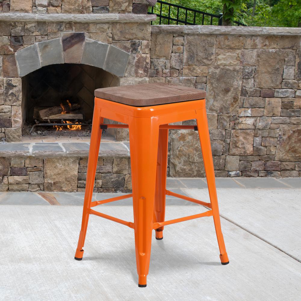 24" High Backless Orange Metal Counter Height Stool with Square Wood Seat. Picture 5