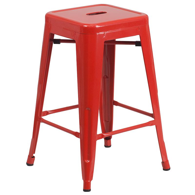 Commercial Grade 24" High Backless Red Metal Indoor-Outdoor Counter Height Stool with Square Seat. Picture 1