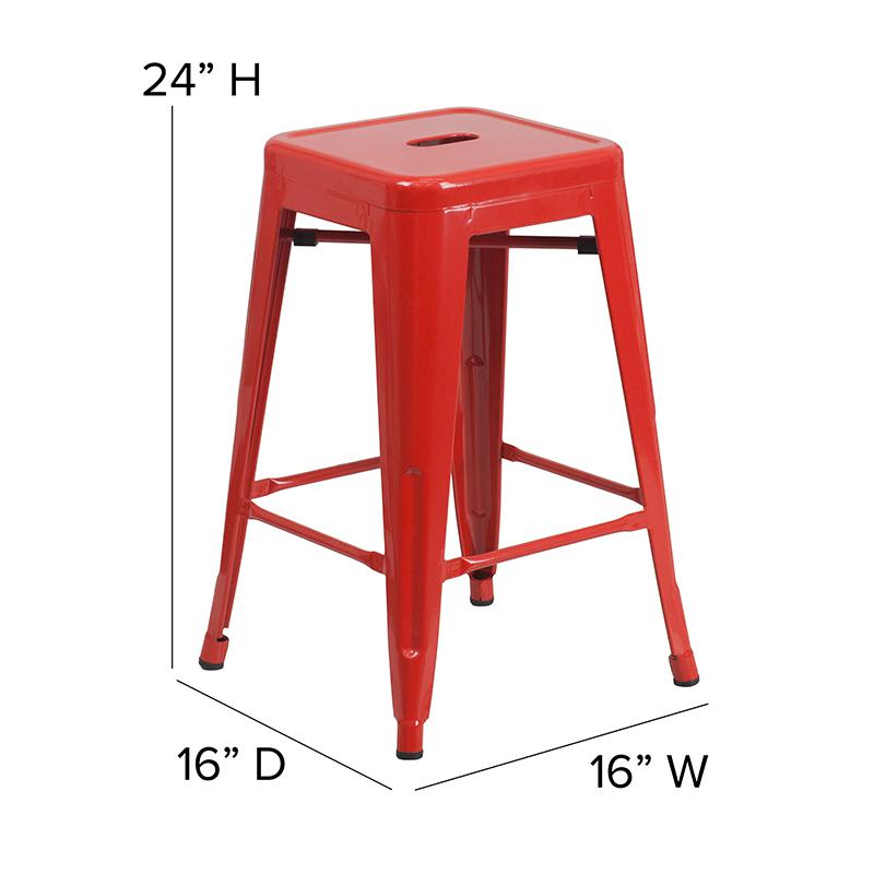 Commercial Grade 24" High Backless Red Metal Indoor-Outdoor Counter Height Stool with Square Seat. Picture 2