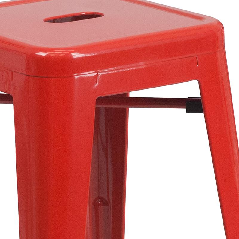 24" High Backless Red Metal Indoor-Outdoor Counter Height Stool with Square Seat. Picture 10