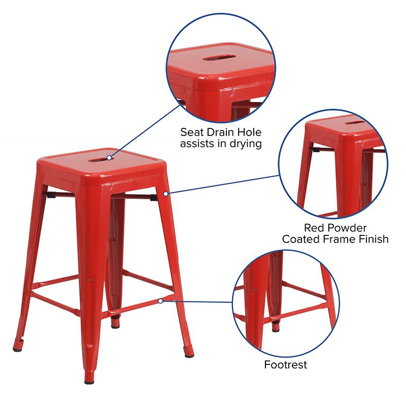 Commercial Grade 24" High Backless Red Metal Indoor-Outdoor Counter Height Stool with Square Seat. Picture 3