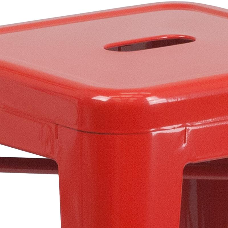 Commercial Grade 24" High Backless Red Metal Indoor-Outdoor Counter Height Stool with Square Seat. Picture 5